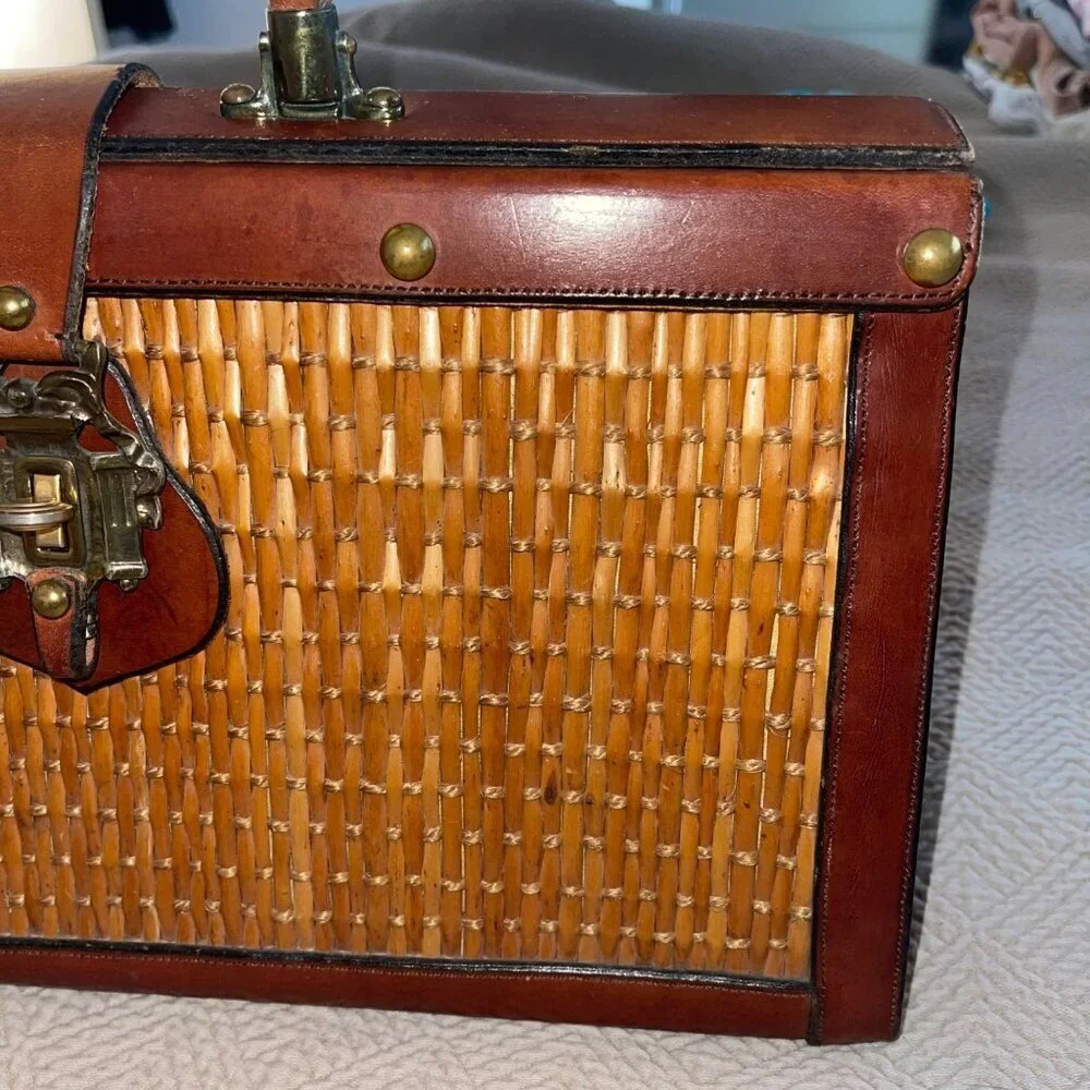 Etienne Aigner Vintage Womens Hand Bag Brown Leather Woven Rattan Satchel Purse